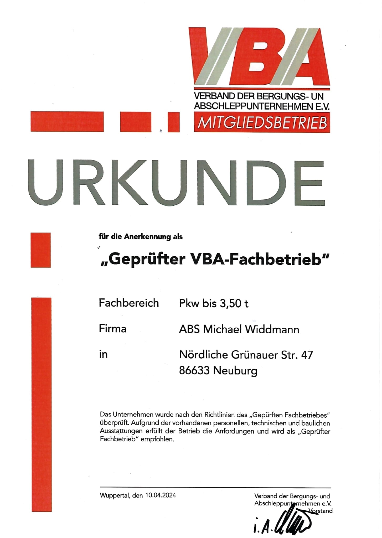 VBA-Urkunde — Geprüfter VBA-Fachbetrieb, ABS Michael Widdmann, Neuburg